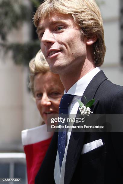 Prince Christian of Hanover and his mother Chantal Hochuli walk out of the church after the ceremony of the wedding of Prince Christian of Hanover...