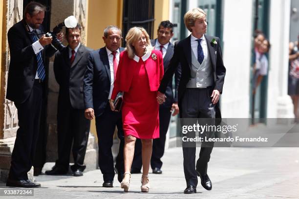 Prince Christian of Hanover and his mother Chantal Hochuli walk out of the church after the ceremony of the wedding of Prince Christian of Hanover...