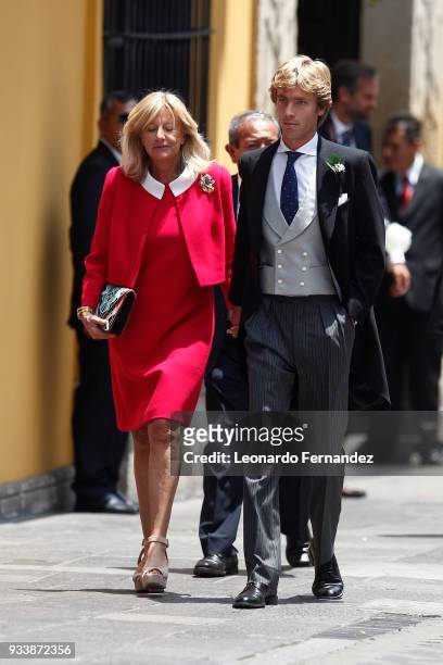 Prince Christian of Hanover and his mother Chantal Hochuli walk out of the church after the ceremony of the wedding of Prince Christian of Hanover...