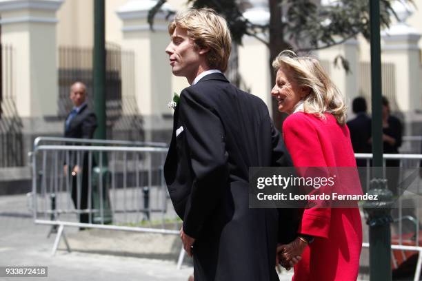 Prince Christian of Hanover and his mother Chantal Hochuli walk out of the church after the ceremony of the wedding of Prince Christian of Hanover...