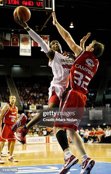 Cortez Groves of the 36ers drives to the basket during the round 10 NBL match between the Wollongong Hawks and the Adelaide 36ers at Wollongong...