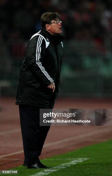 Debrecen manager Andras Herczeg shouts instructions during the UEFA Champions League group E match between Debrecen and Liverpool at the Ferenc...