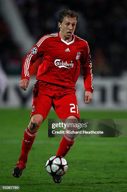 Lucas of Liverpool in action during the UEFA Champions League group E match between Debrecen and Liverpool at the Ferenc Puskas Stadium on November...