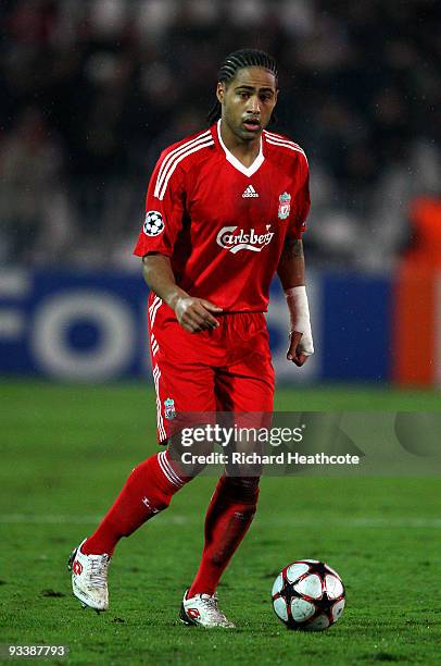 Glen Johnson of Liverpool in action during the UEFA Champions League group E match between Debrecen and Liverpool at the Ferenc Puskas Stadium on...