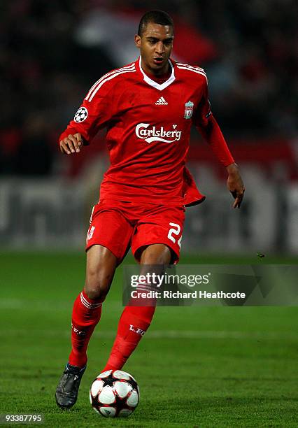 David Ngog of Liverpool in action during the UEFA Champions League group E match between Debrecen and Liverpool at the Ferenc Puskas Stadium on...