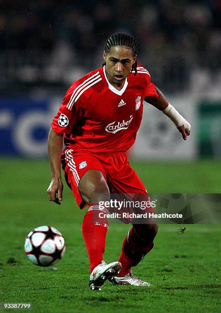 Glen Johnson of Liverpool in action during the UEFA Champions League group E match between Debrecen and Liverpool at the Ferenc Puskas Stadium on...