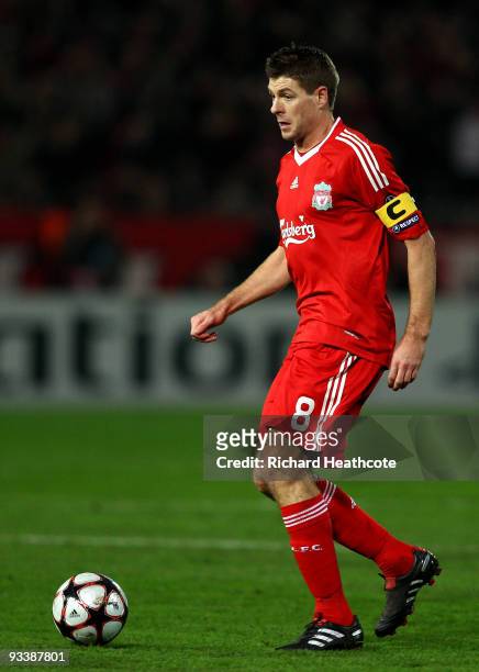 Steven Gerrard of Liverpool in action during the UEFA Champions League group E match between Debrecen and Liverpool at the Ferenc Puskas Stadium on...