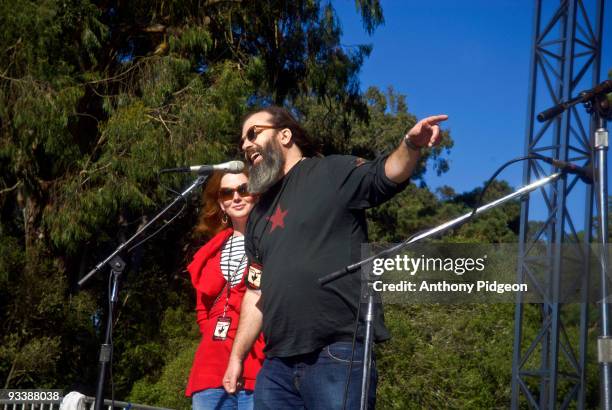 Alison Moorer and Steve Earle perform a song with Tom Morello as The Nightwatchman on stage at the Hardly Strictly Bluegrass festival in Golden Gate...