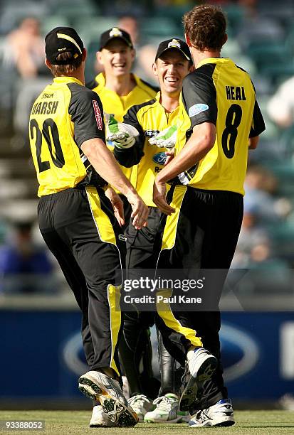 Luke Ronchi of the Warriors celebrates a wicket during the Ford Ranger Cup match between the Western Australian Warriors and the New South Wales...