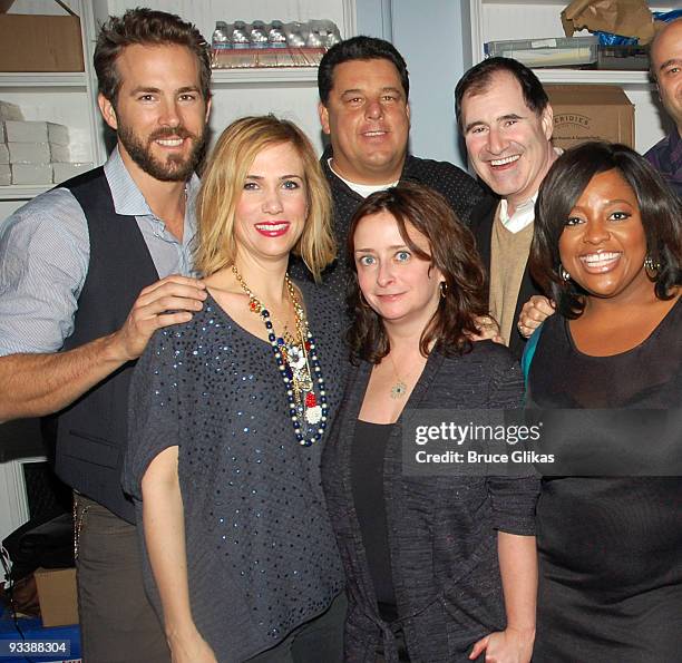 Ryan Reynolds, Kristen Wiig, Steve Schirippa, Rachel Dratch, Richard Kind and Sherri Shepherd pose backstage at "Celebrity Autobiography" at The...