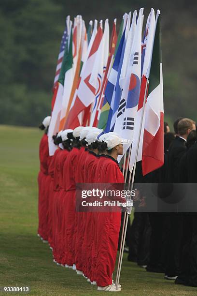 Flag Bearers during the Opening Ceremony of the Omega Mission Hills World Cup played over the Olazabal Course on November 25, 2009 in Shenzhen, China.