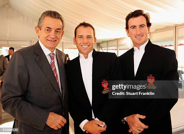 Stephen Urquhart, President of Omega talks with Sergio Garcia and teammate Gonzalo Fernandez - Castano of Spain after pro - am the Omega Mission...