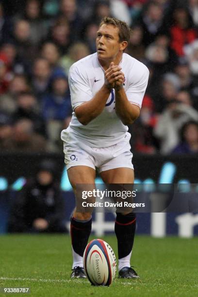 Jonny Wilkinson of England prepares to kick at goal during the Investec Challenge Series match between England and New Zealand at Twickenham on...