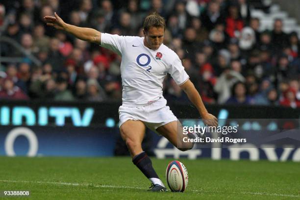 Jonny Wilkinson of England kicks at goal during the Investec Challenge Series match between England and New Zealand at Twickenham on November 21,...