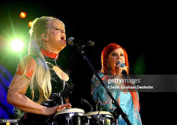 Cindy Wilson and Kate Pierson of the B52s perform on stage at the Enmore Theatre on November 25, 2009 in Sydney, Australia.