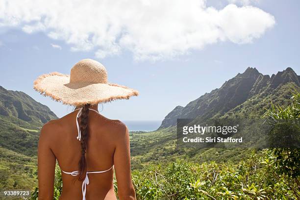 woman on a ridge in straw hat looking to ocean  - siri stafford fotografías e imágenes de stock