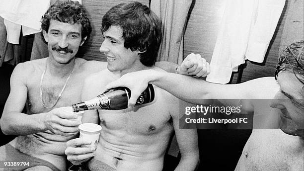 Graeme Souness and Alan Hansen of Liverpool celebrate winning the the League Championship title in Bob Paisley's last ever season in charge of the...