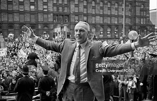 Liverpool manager Bill Shankly stands defiant in defeat at St George's Plateau as he greets the massive crowd of supporters following defeat in the...