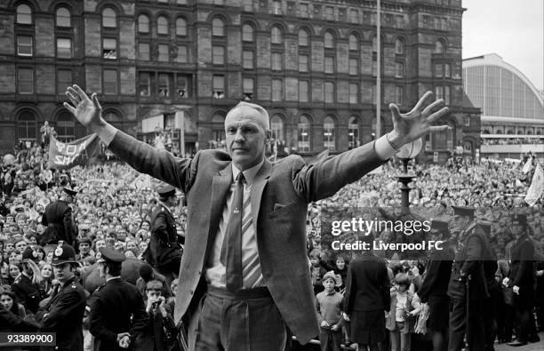 Liverpool manager Bill Shankly stands defiant in defeat at St George's Plateau as he greets the massive crowd of supporters following defeat in the...