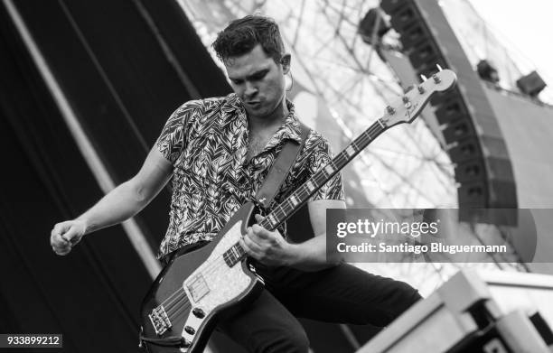 Mike Kerr of Royal Blood performs during the first day of Lollapalooza Buenos Aires 2018 at Hipodromo de San Isidro on March 16, 2018 in Buenos...