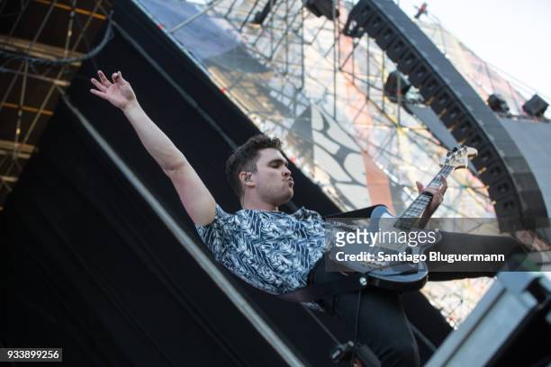 Mike Kerr of Royal Blood performs during the first day of Lollapalooza Buenos Aires 2018 at Hipodromo de San Isidro on March 16, 2018 in Buenos...