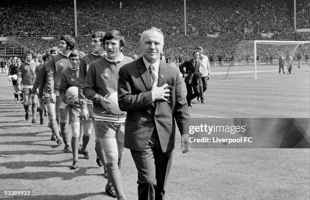 Liverpool manager Bill Shankly leads his team out as they walk out before the FA Cup Final between Liverpool and Arsenal held on May 8, 1971 at...