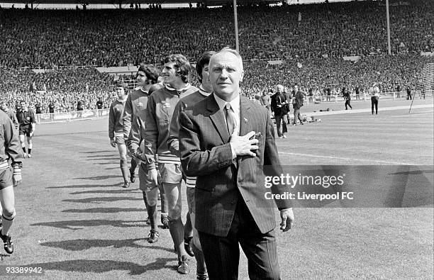 Liverpool manager Bill Shankly leads his team out as they walk out before the FA Cup Final between Liverpool and Arsenal held on May 8, 1971 at...