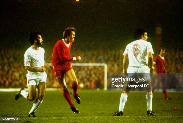 Phil Neal of Liverpool shoots at goal during the European Cup Second Round Second Leg match between Liverpool and Aberdeen held on November 5, 1980...