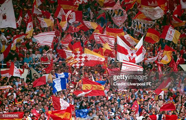 The "Travelling Kop" fill Wembley during the FA Cup Final between Liverpool and Everton held on May 10, 1986 at Wembley Stadium, in London, England....