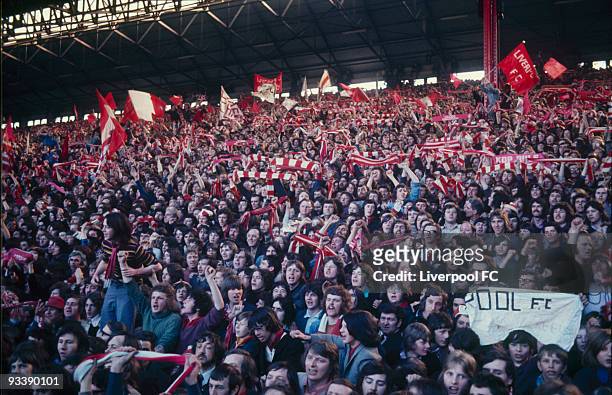Liverpool "Kopite" fans in the Spion Kop during the Football League Division One match between Liverpool and Everton held on April 20, 1974 at...