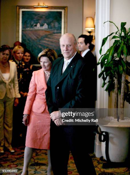 King Harald V and Queen Sonja of Norway attend a meeting with FW De Klerk, Desmond Tutu and Nobel Peace Prize Laureates at the Table Bay Hotel during...