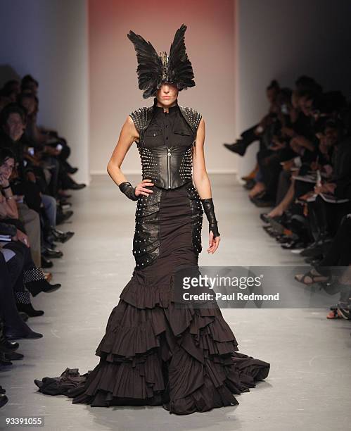 Model wears Skingraft during the Downtown LA Fashion Week Spring 2010 Louver Runway show at The Geffen Contemporary at MOCA on October 13, 2009 in...