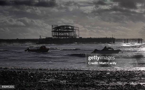 Boats are moored in front of the new steel framework of Weston-Super-Mare's Grand Pier on November 25, 2009 in Weston-Super-Mare, England. Although...