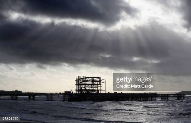 The sun tries to break through clouds above the new steel framework of Weston-Super-Mare's Grand Pier on November 25, 2009 in Weston-Super-Mare,...