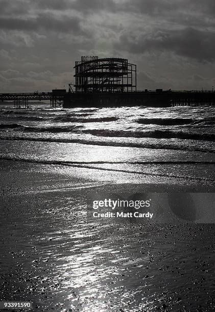 Waves break beneath the new steel framework of Weston-Super-Mare's Grand Pier on November 25, 2009 in Weston-Super-Mare, England. Although the recent...