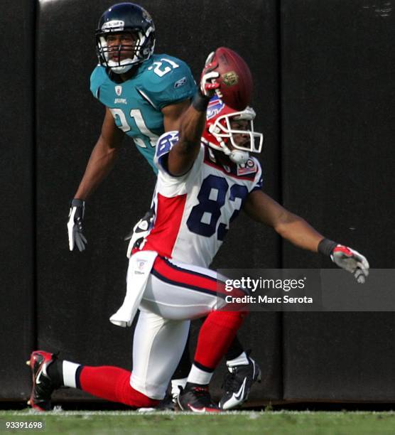 Receiver Lee Evans of the Buffalo Bills celebrates a touchdown against the Jacksonville Jaguars at Jacksonville Municipal Stadium on November 22,...