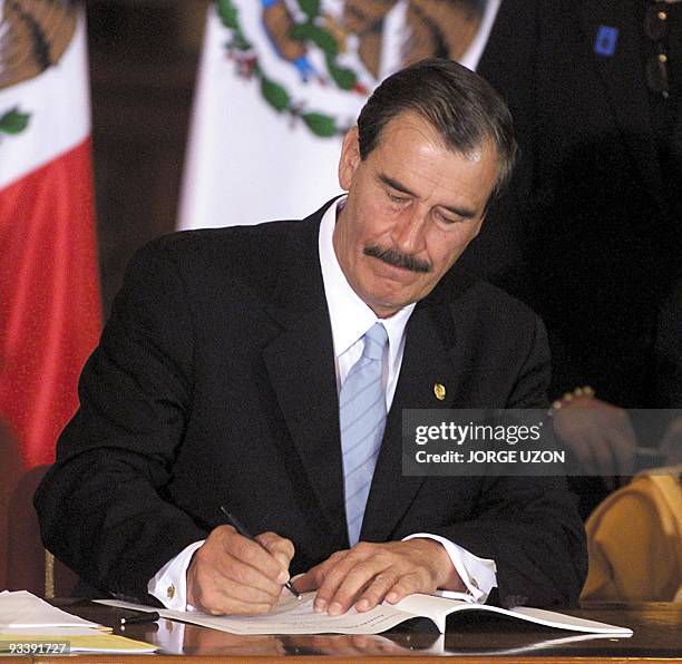 Mexican President Vicente Fox speaks during a signing of a political agreement between the government and political parties on national development...