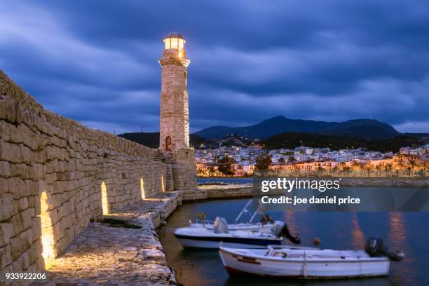 boats and lighthouse, old harbour, rethymno, crete, greece - crete rethymnon stock pictures, royalty-free photos & images