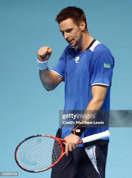 Robin Soderling of Sweden celebrates a point during the men's singles first round match against Novak Djokovic of Serbia during the Barclays ATP...