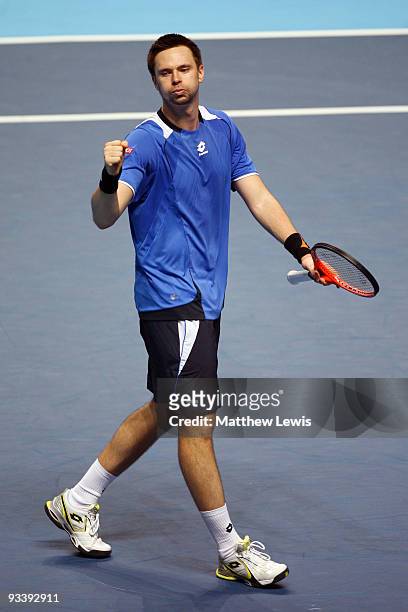Robin Soderling of Sweden celebrates winning the match during the men's singles first round match against Novak Djokovic of Serbia during the...