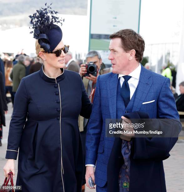 Zara Phillips and AP McCoy attend day 4 'Gold Cup Day' of the Cheltenham Festival at Cheltenham Racecourse on March 16, 2018 in Cheltenham, England.