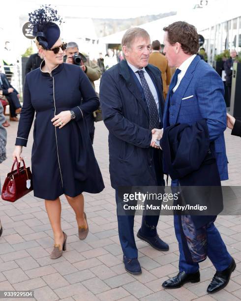 Zara Phillips, Kenny Dalglish and AP McCoy attend day 4 'Gold Cup Day' of the Cheltenham Festival at Cheltenham Racecourse on March 16, 2018 in...