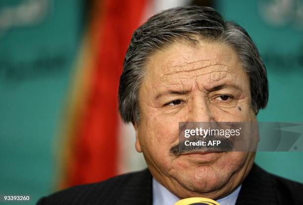 Kurdish MP Mohsin Saadun readies to speak to the press following an agreed proposal on the electoral law in Baghdad on November 23, 2009. Iraq's...