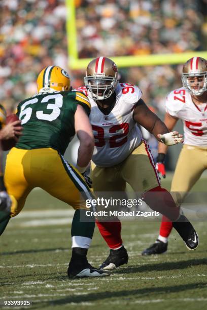 Aubrayo Franklin of the San Francisco 49ers rushes during the NFL game against the Green Bay Packers at Lambeau Field on November 22, 2009 in Green...