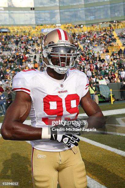 Manny Lawson of the San Francisco 49ers on the field prior to the NFL game against the Green Bay Packers at Lambeau Field on November 22, 2009 in...