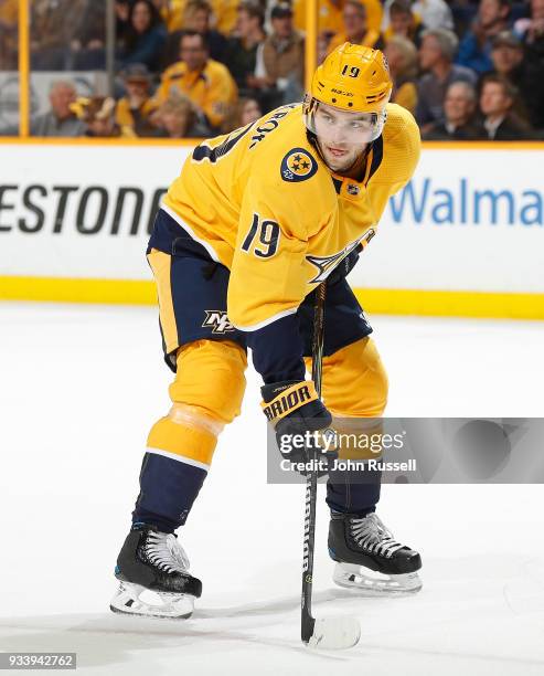 Calle Jarnkrok of the Nashville Predators skates against the Winnipeg Jets during an NHL game at Bridgestone Arena on March 13, 2018 in Nashville,...