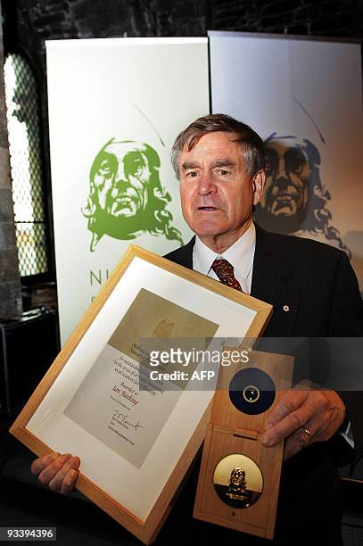 Canadian philosopher Ian Hacking poses with diploma and medal after being awarded the Holberg Prize 2009, a Norwegian award for scholarly work in the...