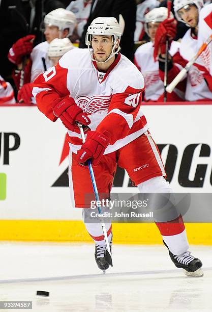 Drew Miller of the Detroit Red Wings skates against the Nashville Predators on November 23, 2009 at the Sommet Center in Nashville, Tennessee.