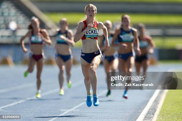 Sarah Eckel of South Australia competes in the Women's 800m Preliminary Final during day four of the Australian Junior Athletics Championships at the...