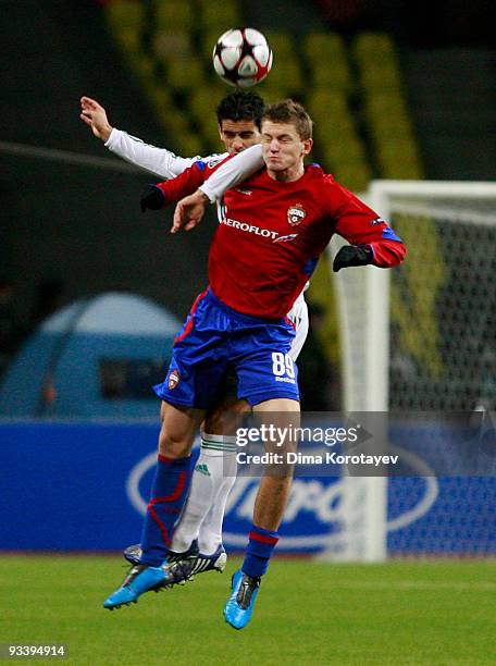 Tomas Necid of CSKA Moscow fights for the ball with Ricardo Costa of VfL Wolfsburg during the UEFA Champions League group B match between CSKA Moscow...